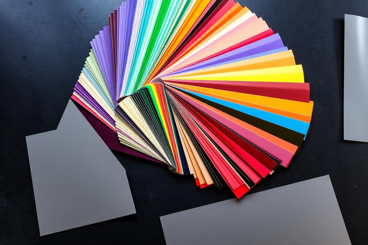 Fan of powder coating colour sample panels on a dark steel table