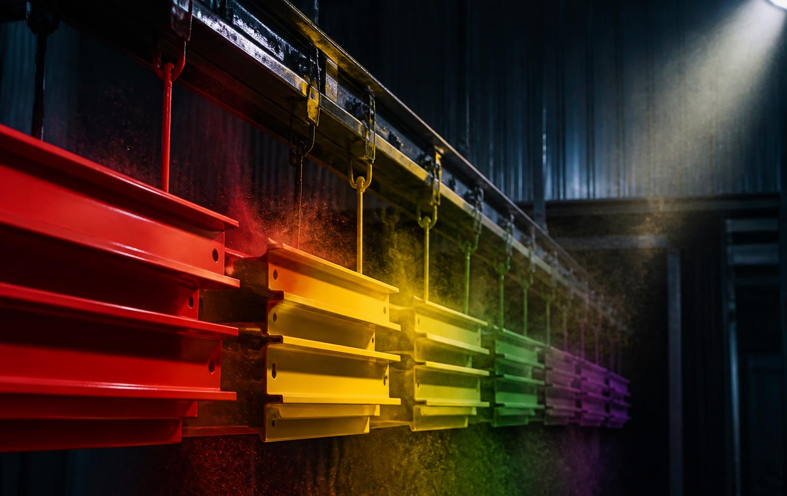 Freshly powder coated steel profiles in red, yellow, green and purple on a coating line